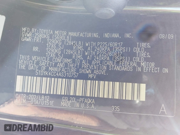 2010 Toyota Sienna XLE z VIN 5TDYK4CC4AS310757, wystawiony jako IAAI lot #42496526 z przebiegiem 238 468 mil mil oraz . Historia ofert i sprzedaży dostępna na DreamBid. Obrazek 9.