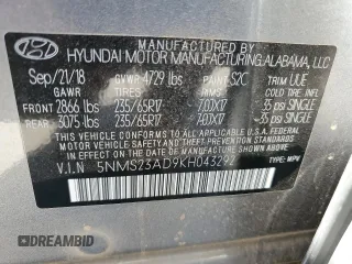 2019 Hyundai Santa Fe SE z VIN 5NMS23AD9KH043292, wystawiony jako Copart lot #54108685 z przebiegiem 27 474 mil mil oraz Szkoda całkowita • Salvage title. Historia ofert i sprzedaży dostępna na DreamBid. Obrazek 13.
