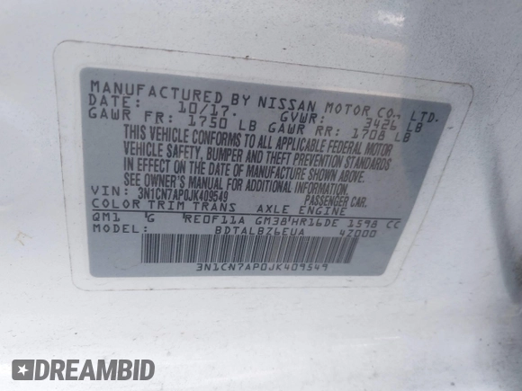 2018 Nissan Versa SV with VIN 3N1CN7AP0JK409549, listed as a IAAI auction lot 41901523 with 179,376 mi miles. Bid and sale history available at carsss.com. Image 9.