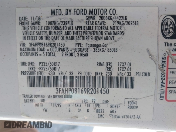 2009 Ford Fusion SEL with VIN 3FAHP08169R201450, listed as a IAAI auction lot 42200704 with 202,576 mi miles and . Bid and sale history available at carsss.com. Image 9.