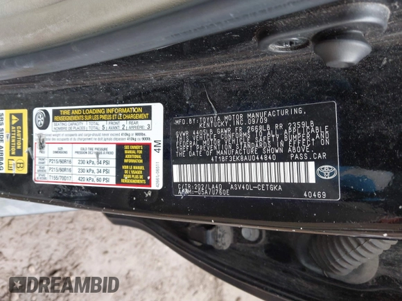 2010 Toyota Camry with VIN 4T1BF3EK8AU044840, listed as a IAAI auction lot 42026128 with 177,114 mi miles and . Bid and sale history available at DreamBid. Image 9.