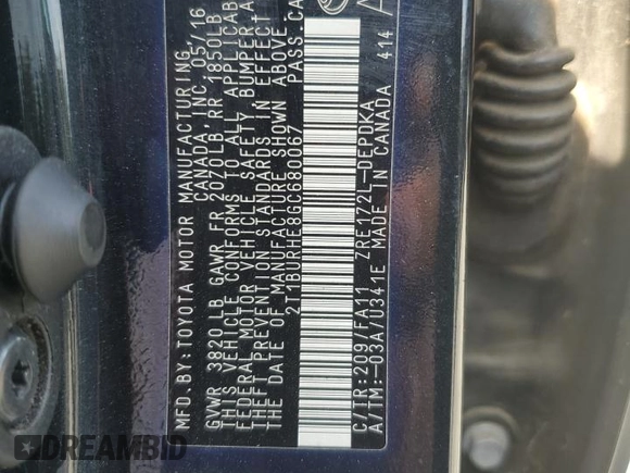 2016 Toyota Corolla L with VIN 2T1BURHE8GC680067, listed as a Copart auction lot 61141135 with 172,918 mi miles and Salvage title. Bid and sale history available at DreamBid. Image 12.