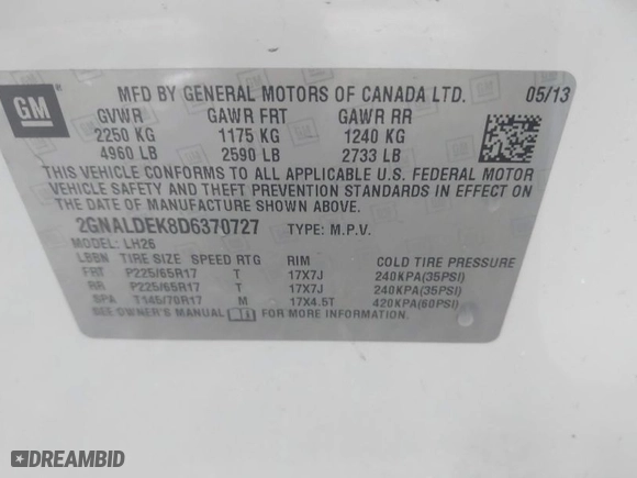 2013 Chevrolet Equinox LT with VIN 2GNALDEK8D6370727, listed as a IAAI auction lot 42030220 with 145,763 mi miles. Bid and sale history available at carsss.com. Image 9.