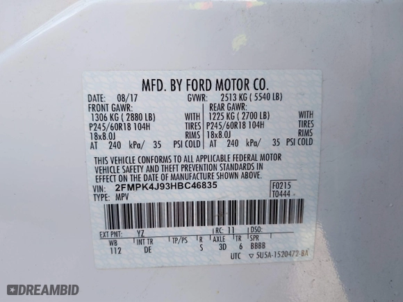 2017 Ford Edge SEL with VIN 2FMPK4J93HBC46835, listed as a IAAI auction lot 41893501 with 244,618 mi miles. Bid and sale history available at carsss.com. Image 9.