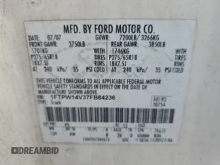 2007 Ford F-150 XLT with VIN 1FTPW14V37FB84236, listed as a Copart auction lot 54971705 with 255,619 mi miles and Clean Title. Bid and sale history available at DreamBid. Image 12.
