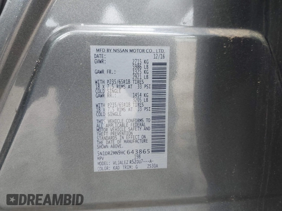 2017 Nissan Pathfinder S with VIN 5N1DR2MN9HC643865, listed as a IAAI auction lot 42212270 with 116,691 mi miles and . Bid and sale history available at DreamBid. Image 9.