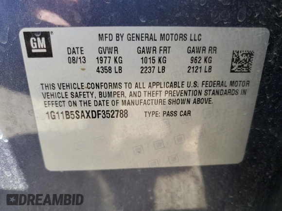 2013 Chevrolet Malibu LS with VIN 1G11B5SAXDF352788, listed as a Copart auction lot 49720225 with 105,677 mi miles and Salvage Title. Bid and sale history available at DreamBid. Image 12.