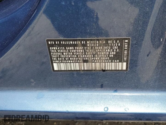 2021 Volkswagen Jetta S with VIN 3VWC57BU6MM025945, listed as a Copart auction lot 61498855 with 61,237 mi miles and Salvage title. Bid and sale history available at DreamBid. Image 13.