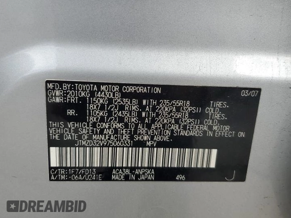 2007 Toyota RAV4 Sport with VIN JTMZD32V975060331, listed as a Copart auction lot 47826525 with 121,392 mi miles and Salvage Title. Bid and sale history available at carsss.com. Image 13.
