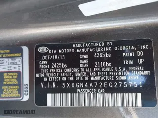 2014 Kia Optima EX with VIN 5XXGN4A72EG275751, listed as a IAAI auction lot 41807589 with 197,461 mi miles. Bid and sale history available at carsss.com. Image 9.