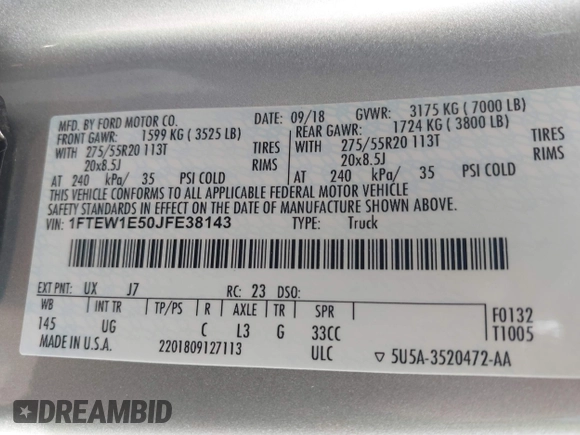 2018 Ford F-150 XL with VIN 1FTEW1E50JFE38143, listed as a IAAI auction lot 42426811 with 115,430 mi miles and . Bid and sale history available at DreamBid. Image 9.