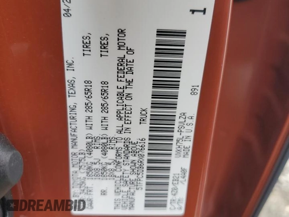 2024 Toyota Tundra TRD Pro Hybrid with VIN 5TFPC5DB6RX076616, listed as a Copart auction lot 43985855 with 7,273 mi miles and Salvage title. Bid and sale history available at DreamBid. Image 12.
