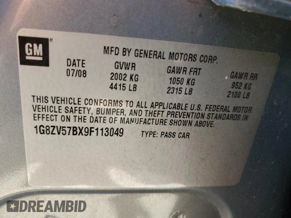 2009 Saturn Aura XR with VIN 1G8ZV57BX9F113049, listed as a Copart auction lot 53128695 with 153,178 mi miles and Salvage Title. Bid and sale history available at DreamBid. Image 13.