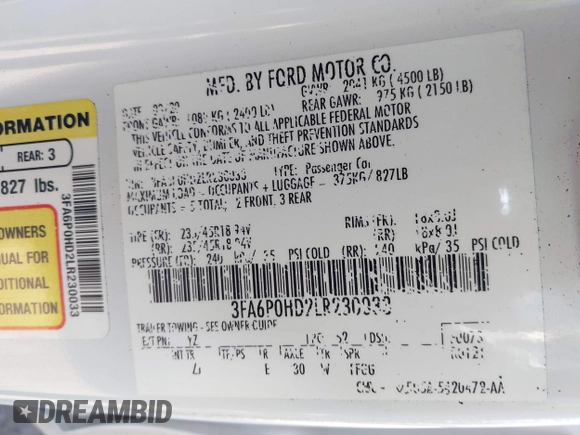 2020 Ford Fusion SE with VIN 3FA6P0HD2LR230033, listed as a IAAI auction lot 41815896 with 78,627 mi miles. Bid and sale history available at carsss.com. Image 9.