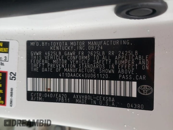 2025 Toyota Camry LE z VIN 4T1DAACK4SU061120, wystawiony jako Copart lot #55996285 z przebiegiem 5 025 mil mil oraz Szkoda całkowita • Salvage title. Historia ofert i sprzedaży dostępna na DreamBid. Obrazek 13.