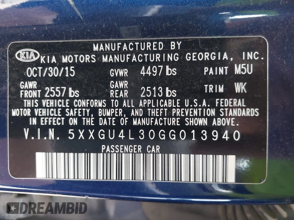 2016 Kia Optima EX with VIN 5XXGU4L30GG013940, listed as a IAAI auction lot 42371297 with Not provided miles and . Bid and sale history available at DreamBid. Image 9.