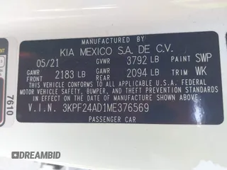 2021 Kia Forte LXS z VIN 3KPF24AD1ME376569, wystawiony jako IAAI lot #42592399 z przebiegiem 13 453 mil mil oraz . Historia ofert i sprzedaży dostępna na DreamBid. Obrazek 9.