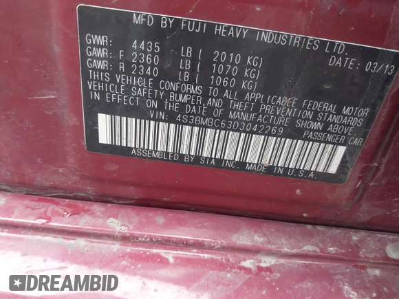 2013 Subaru Legacy Premium with VIN 4S3BMBC63D3042269, listed as a IAAI auction lot 42016310 with Not Provided miles and . Bid and sale history available at carsss.com. Image 9.