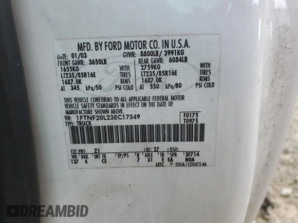 2003 Ford F-250 XL с VIN 1FTNF20L23EC17549, выставлен на аукционе Copart как лот 84267774 с пробегом 227 219 миль миль и Чистый • Clean title. История ставок и продаж доступна на DreamBid. Изображение 12.