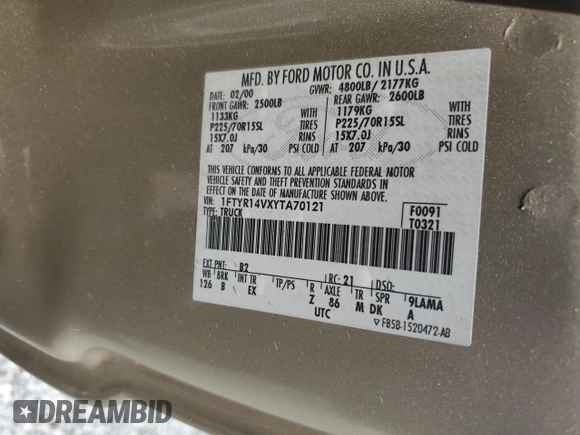 2000 Ford Ranger XL with VIN 1FTYR14VXYTA70121, listed as a Copart auction lot 56024985 with 271,426 mi miles and Salvage title. Bid and sale history available at DreamBid. Image 12.
