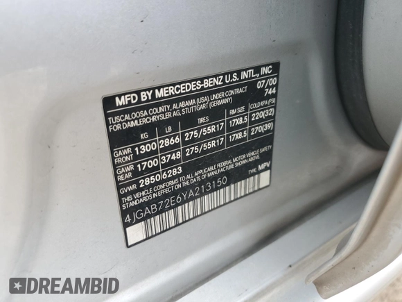 2000 Mercedes-Benz M 320/430/500 with VIN 4JGAB72E6YA213150, listed as a Copart auction lot 44859765 with 201,608 mi miles and Clean title. Bid and sale history available at DreamBid. Image 13.