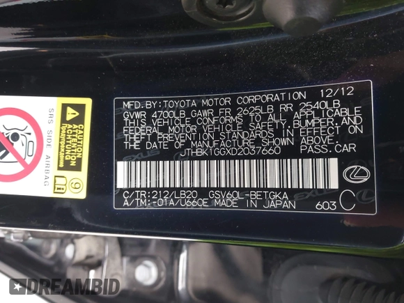 2013 Lexus ES 250 с VIN JTHBK1GGXD2037660, выставлен на аукционе IAAI как лот 42043007 с пробегом 100 666 миль миль и . История ставок и продаж доступна на DreamBid. Изображение 9.