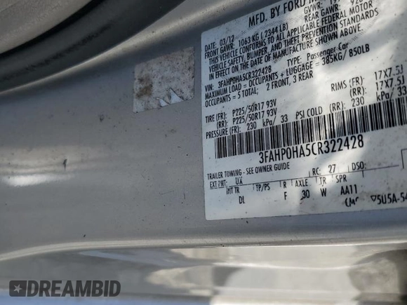 2012 Ford Fusion SE with VIN 3FAHP0HA5CR322428, listed as a Copart auction lot 61404545 with 237,653 mi miles and Salvage title. Bid and sale history available at DreamBid. Image 12.