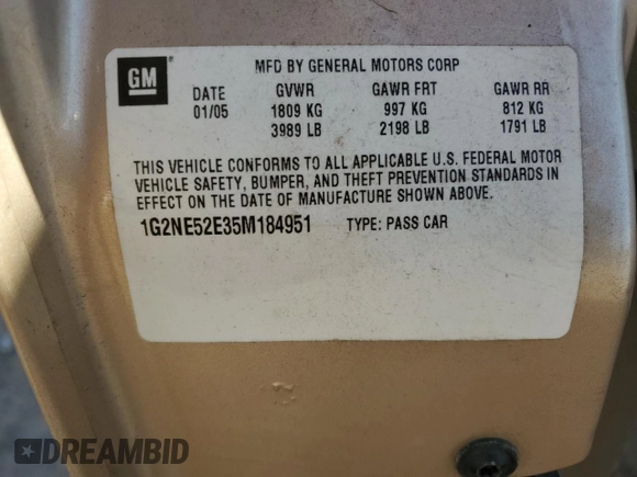 2005 Pontiac Grand Am SE with VIN 1G2NE52E35M184951, listed as a Copart auction lot 43535405 with 215,584 mi miles and Salvage Title. Bid and sale history available at carsss.com. Image 14.