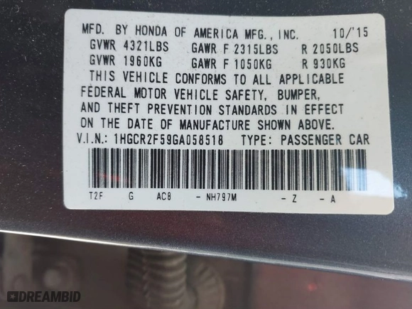 2016 Honda Accord Sedan Sport with VIN 1HGCR2F59GA058518, listed as a IAAI auction lot 41858731 with 173,539 mi miles. Bid and sale history available at carsss.com. Image 9.