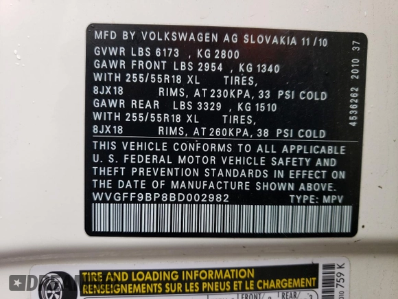 2011 Volkswagen Touareg Sport with VIN WVGFF9BP8BD002982, listed as a Copart auction lot 53958555 with 156,742 mi miles and Salvage Title. Bid and sale history available at DreamBid. Image 13.