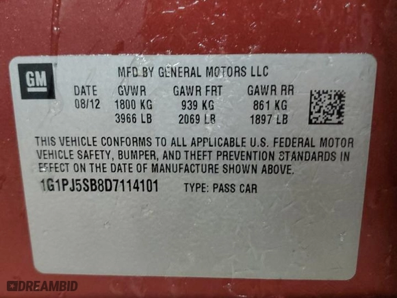 2013 Chevrolet Cruze ECO with VIN 1G1PJ5SB8D7114101, listed as a Copart auction lot 45866335 with 137,397 mi miles and Clean Title. Bid and sale history available at carsss.com. Image 13.