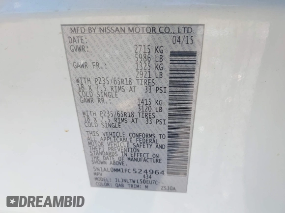 2015 Infiniti QX60 with VIN 5N1AL0MM1FC524964, listed as a IAAI auction lot 42010993 with 144,670 mi miles and . Bid and sale history available at DreamBid. Image 9.
