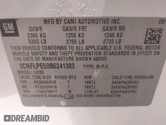 2011 Chevrolet Equinox LT with VIN 2CNFLPE50B6241383, listed as a IAAI auction lot 41079026 with 208,544 mi miles. Bid and sale history available at carsss.com. Image 9.