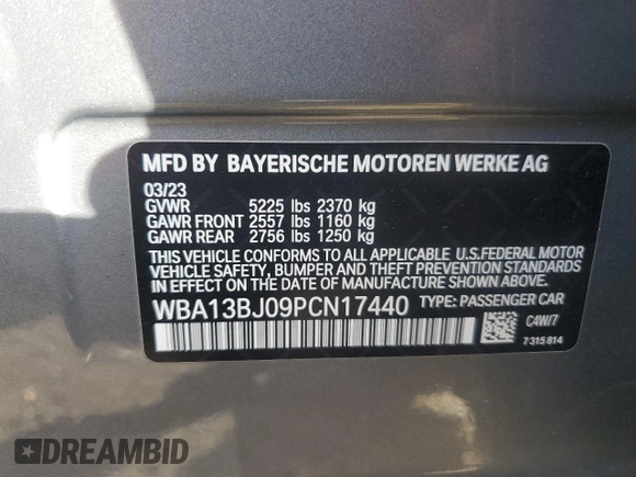 2023 BMW 5 Series 530i xDrive with VIN WBA13BJ09PCN17440, listed as a Copart auction lot 74510724 with Not provided miles and Salvage title. Bid and sale history available at DreamBid. Image 12.