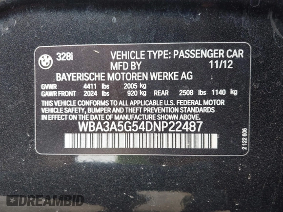 2013 BMW 3 Series 328i with VIN WBA3A5G54DNP22487, listed as a IAAI auction lot 42154959 with 117,380 mi miles and . Bid and sale history available at DreamBid. Image 9.