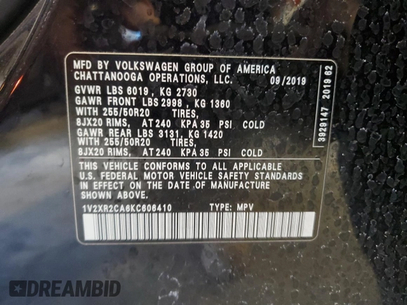 2019 Volkswagen Atlas SE with VIN 1V2XR2CA6KC606410, listed as a Copart auction lot 49156685 with 114,396 mi miles and Salvage title. Bid and sale history available at DreamBid. Image 16.