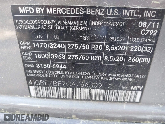 2012 Mercedes-Benz GL-Class GL 450 with VIN 4JGBF7BE7CA766309, listed as a IAAI auction lot 42209335 with 175,470 mi miles. Bid and sale history available at carsss.com. Image 9.