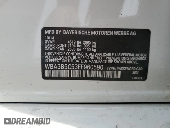 2015 BMW 3 Series 328i xDrive with VIN WBA3B5C53FF960590, listed as a Copart auction lot 54687145 with 54,520 mi miles and Salvage title. Bid and sale history available at DreamBid. Image 13.