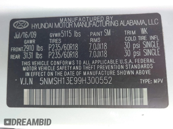 2009 Hyundai Santa Fe SE with VIN 5NMSH13E99H300552, listed as a IAAI auction lot 41772584 with 155,127 mi miles and . Bid and sale history available at DreamBid. Image 9.