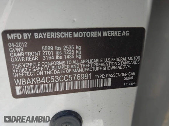 2012 BMW 7 Series 740Li with VIN WBAKB4C53CC576991, listed as a IAAI auction lot 41985643 with 107,416 mi miles and . Bid and sale history available at DreamBid. Image 9.