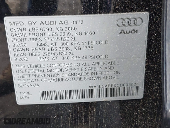 2012 Audi Q7 Premium Plus with VIN WA1LGAFEXCD008924, listed as a IAAI auction lot 42619348 with 153,529 mi miles and . Bid and sale history available at DreamBid. Image 9.