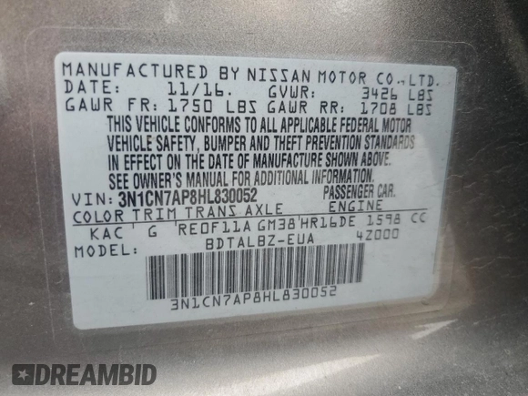 2017 Nissan Versa S with VIN 3N1CN7AP8HL830052, listed as a Copart auction lot 64096095 with 94,002 mi miles and Salvage title. Bid and sale history available at DreamBid. Image 13.