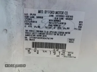 2005 Ford F-350 with VIN 1FTWF30595EA76199, listed as a Copart auction lot 39603134 with Not provided miles and Salvage title. Bid and sale history available at DreamBid. Image 12.