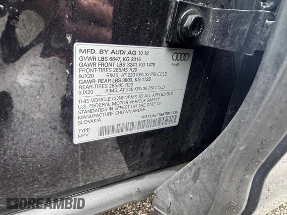 2019 Audi Q7 Premium Plus with VIN WA1LABF79KD013135, listed as a Copart auction lot 65090575 with 208,776 mi miles and Clean title. Bid and sale history available at DreamBid. Image 10.