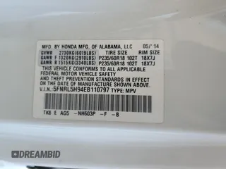 2014 Honda Odyssey Touring с VIN 5FNRL5H94EB110797, выставлен на аукционе Copart как лот 60702365 с пробегом 106 131 миль миль и Списание • Salvage title. История ставок и продаж доступна на DreamBid. Изображение 13.