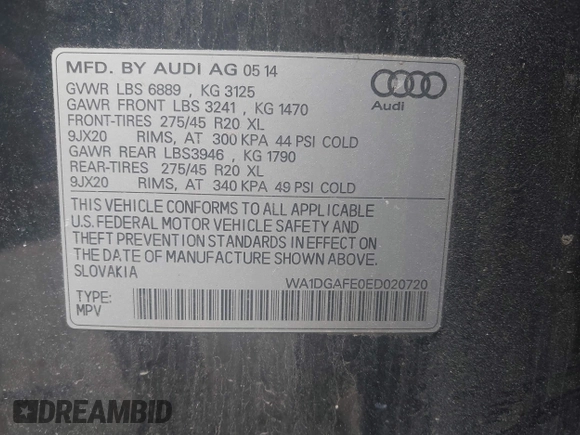 2014 Audi Q7 S line Prestige with VIN WA1DGAFE0ED020720, listed as a IAAI auction lot 42448552 with 171,055 mi miles and . Bid and sale history available at DreamBid. Image 9.