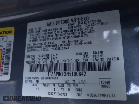 2022 Ford Mustang GT with VIN 1FA6P8CF3N5100842, listed as a IAAI auction lot 41936193 with 55,081 mi miles and . Bid and sale history available at DreamBid. Image 9.
