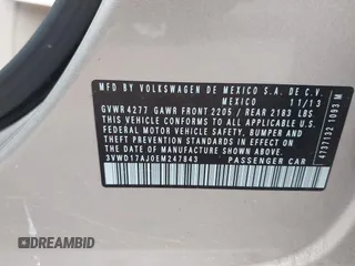 2014 Volkswagen Jetta SE z VIN 3VWD17AJ0EM247843, wystawiony jako IAAI lot #42385042 z przebiegiem 181 994 mil mil oraz . Historia ofert i sprzedaży dostępna na DreamBid. Obrazek 9.