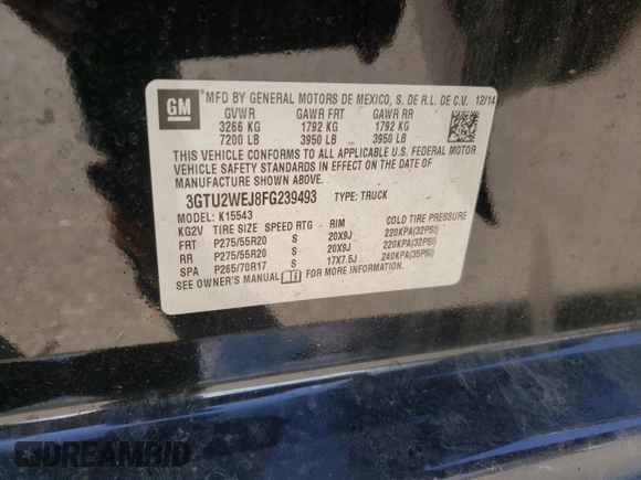 2015 GMC Sierra 1500 Denali with VIN 3GTU2WEJ8FG239493, listed as a Copart auction lot 51462805 with 90,737 mi miles and Salvage Title. Bid and sale history available at DreamBid. Image 14.