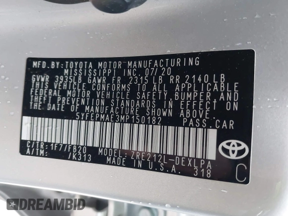 2021 Toyota Corolla LE with VIN 5YFEPMAE3MP150182, listed as a IAAI auction lot 41856527 with 87,782 mi miles and . Bid and sale history available at DreamBid. Image 9.